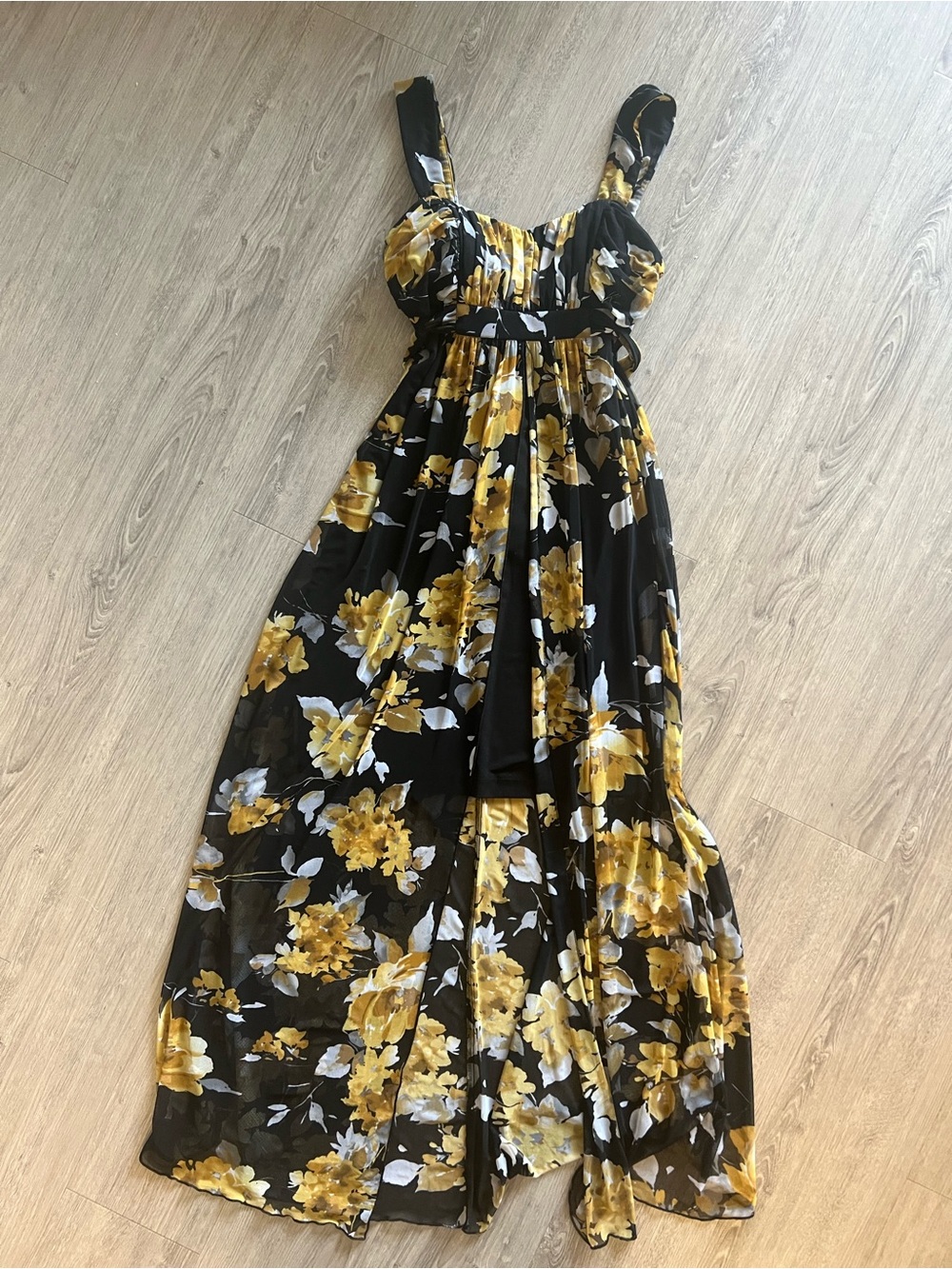 connected apparel Black Maxi Dress with Yellow Floral Print